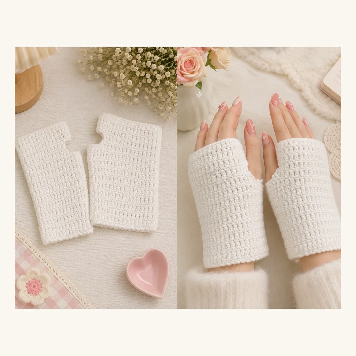 Pair of ivory handmade crochet fingerless wrist warmers.