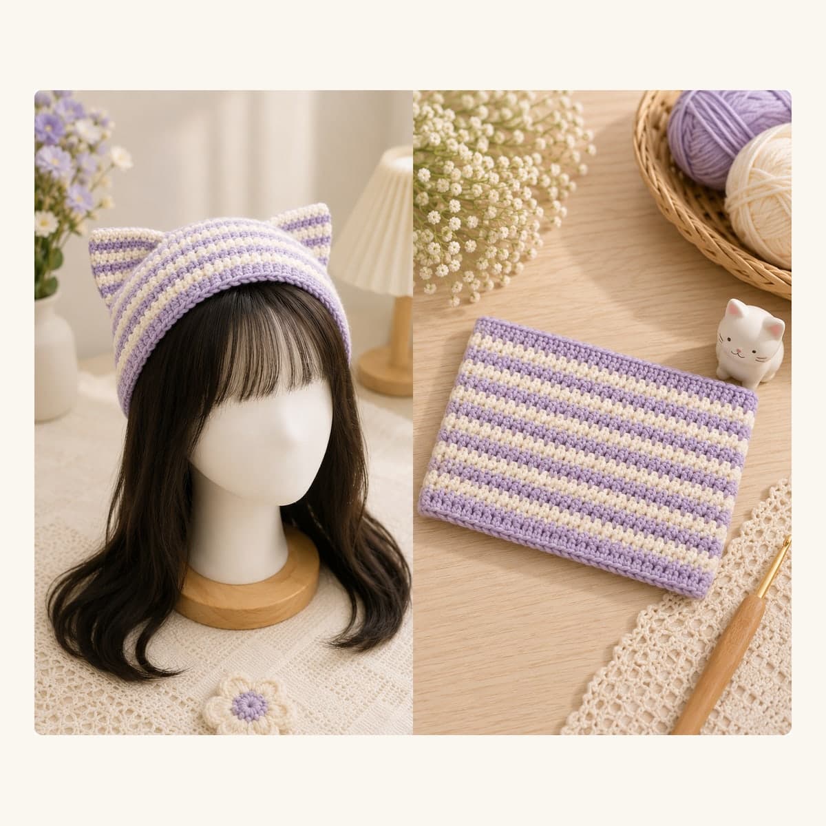 Lavender and cream striped crochet beanie with cat ears, shown worn and flat.